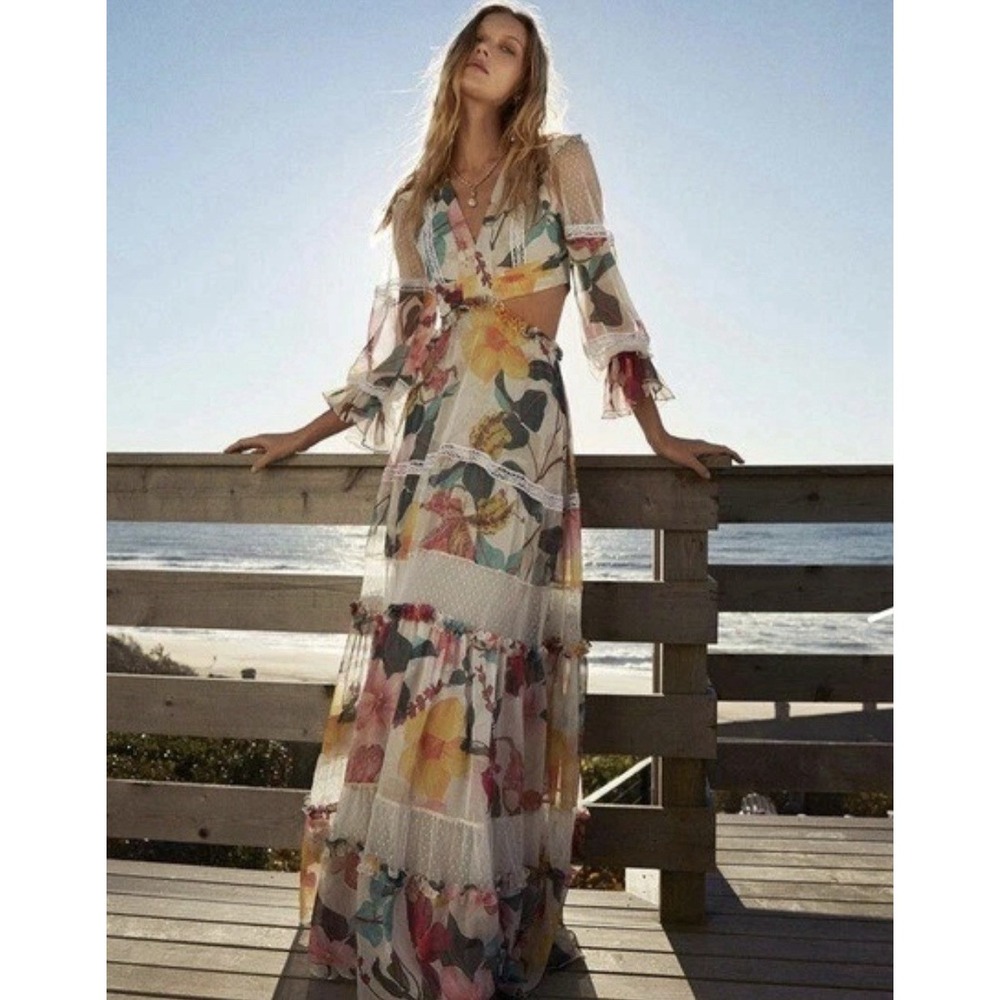 PatBO Pat Bo Vanilla Floral Hibiscus Lace Maxi Dress Cut Out Luxury Resort